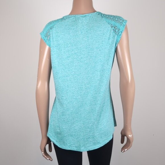 Bleu Gray Crochet Tshirt Sheer Shoulder Cap Sleeve Turquoise Summer Top - Picture 5 of 9